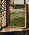Graphic poster of golf course hills with sweeping path line and clouds