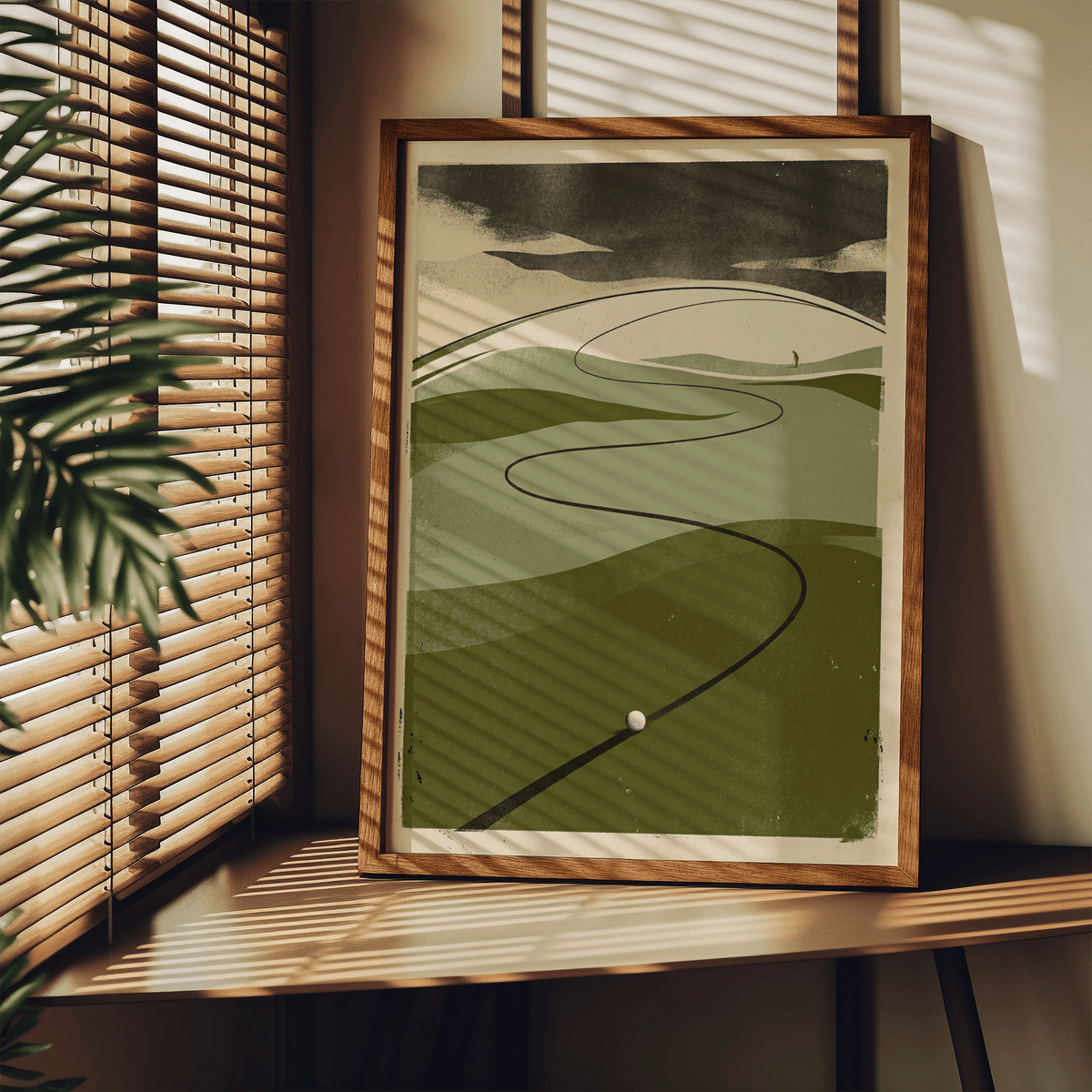 Graphic poster of golf course hills with sweeping path line and clouds