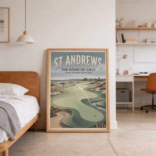 Landscape illustration poster showing rolling dunes, green contours, and water edge