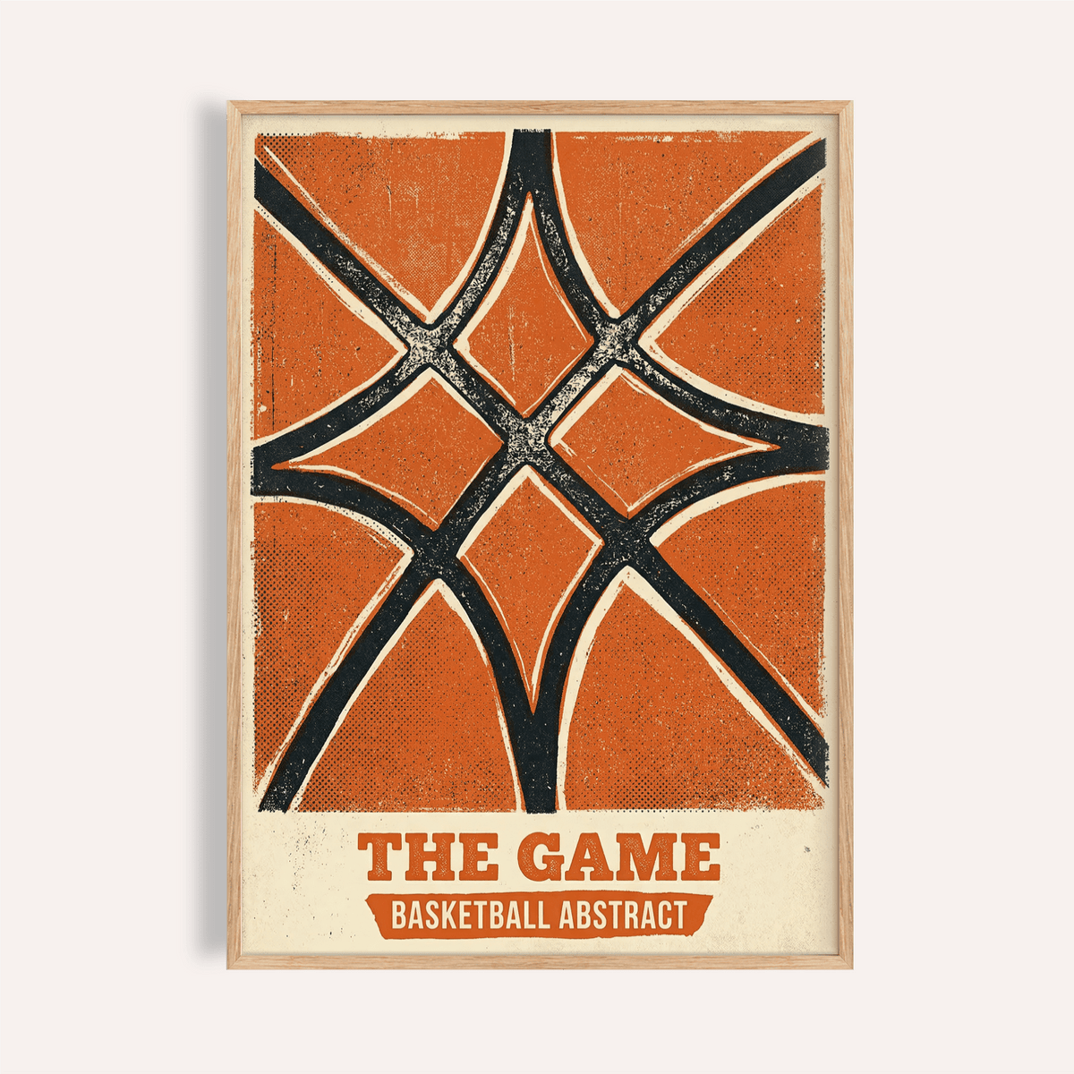 Centered Basketball Abstract Print poster with intersecting seam lines and title text block