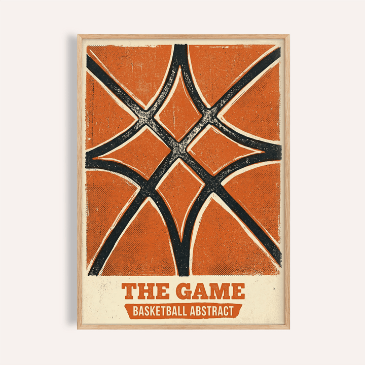 Centered Basketball Abstract Print poster with intersecting seam lines and title text block