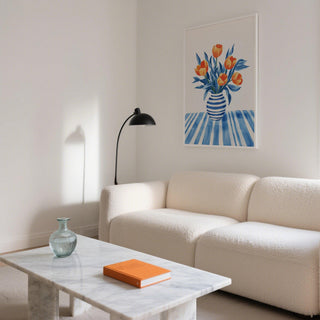 Orange tulips and blue leaves in a striped ceramic vase – Tulip Wall Art.