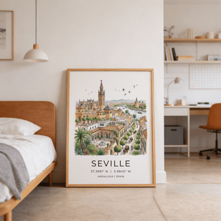 Architectural city poster print featuring Seville rooftops, trees, and distant hills