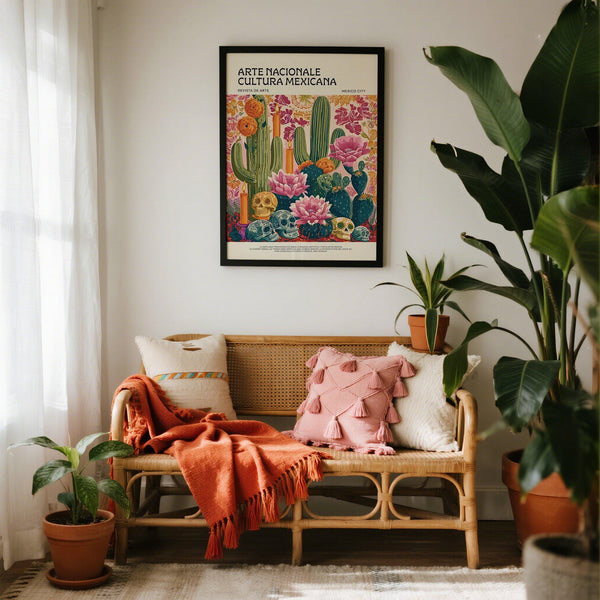 Day of the Dead wall art with folk-style skulls among blooming cacti.