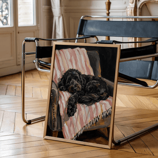 Cozy bedroom art print featuring Black Cockapoo Poster in main colors