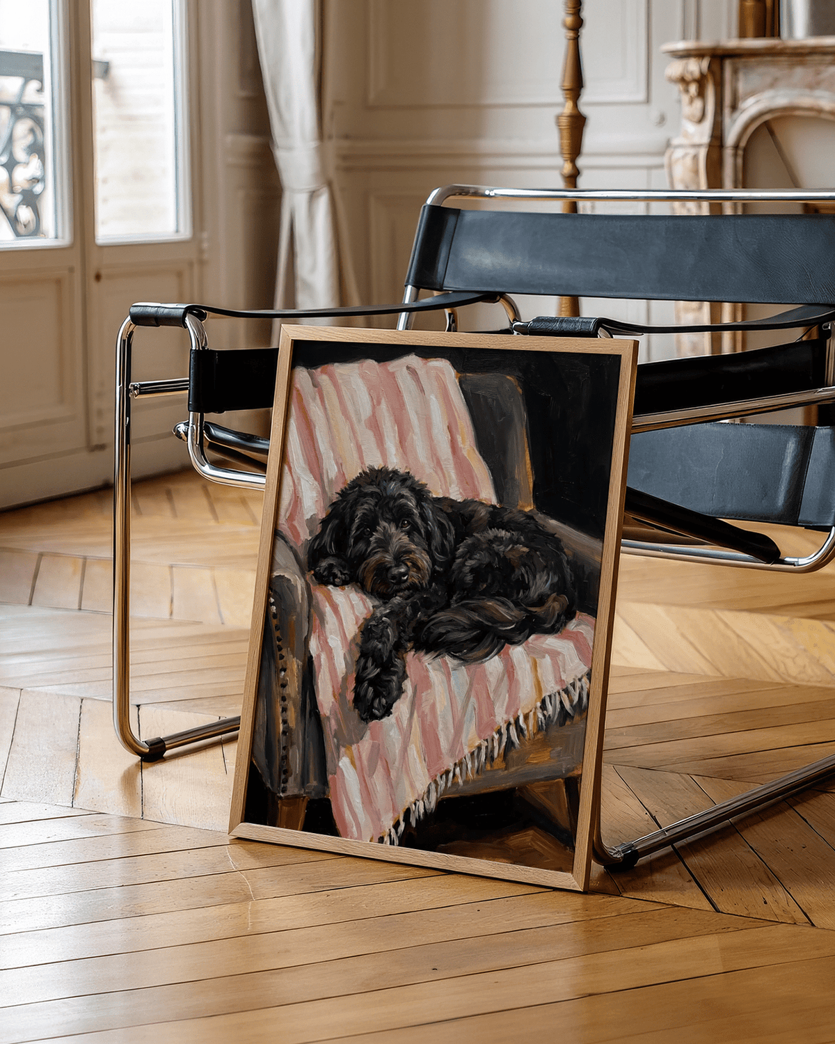 Cozy bedroom art print featuring Black Cockapoo Poster in main colors