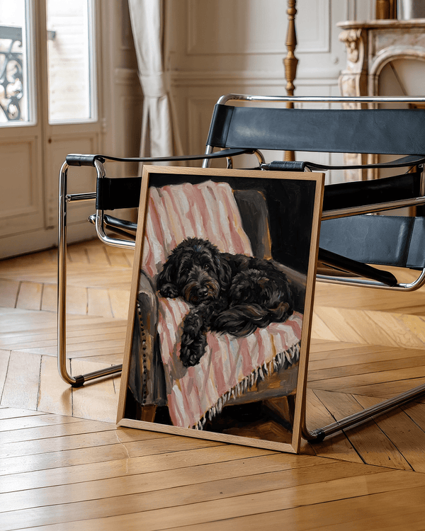 Cozy bedroom art print featuring Black Cockapoo Poster in main colors