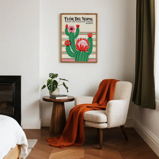 Graphic cactus and flower design in Mexican Folk Art Print.