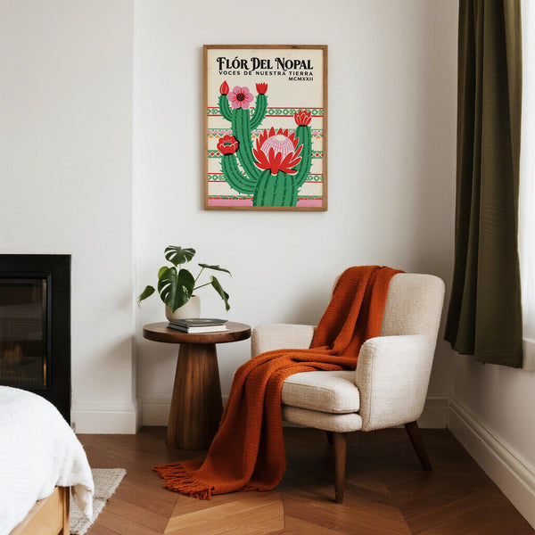 Graphic cactus and flower design in Mexican Folk Art Print.