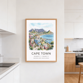 Panoramic Cape Town landscape wall art print with harbor boats and distant mountain range
