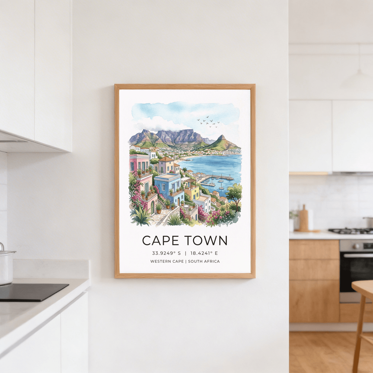 Panoramic Cape Town landscape wall art print with harbor boats and distant mountain range