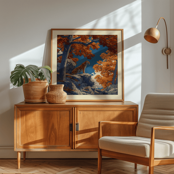 Detail crop showing rocky strata textures and leaf clusters on tiger landscape art print