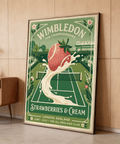 Centered strawberry and cream splash wall art print over a lined tennis court