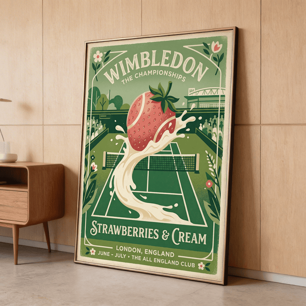 Centered strawberry and cream splash wall art print over a lined tennis court