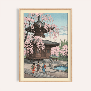 Framed close-up of Japanese Cherry Blossom Art Print with pagoda and pink blossoms
