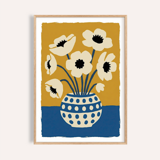 Flower Art Print with Blue and Yellow for living room, wall art