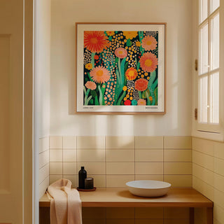 Abstract flowers print with peach and coral blooms in a Yayoi Kusama influenced design.