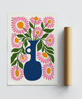 Modern Flower Vase Print with pink flowers and blue vase for dining room wall art