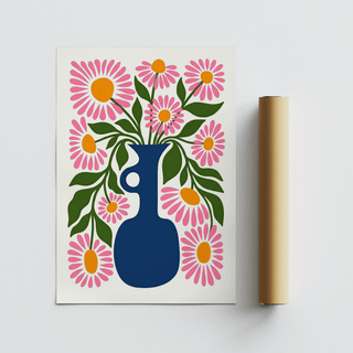 Modern Flower Vase Print with pink flowers and blue vase for dining room wall art
