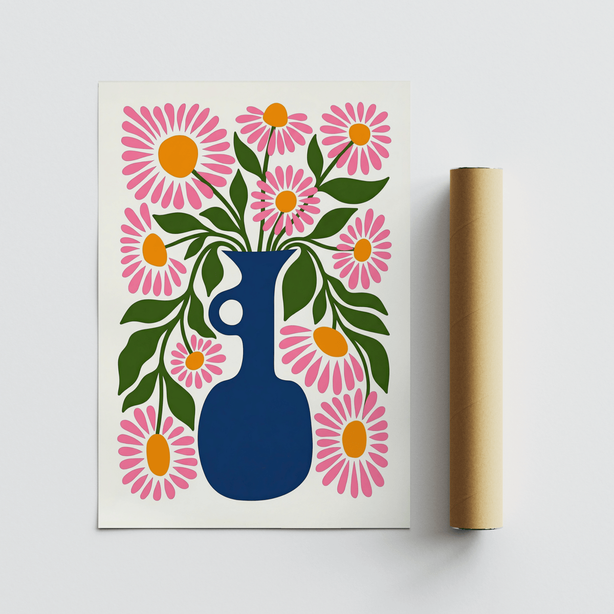 Modern Flower Vase Print with pink flowers and blue vase for dining room wall art