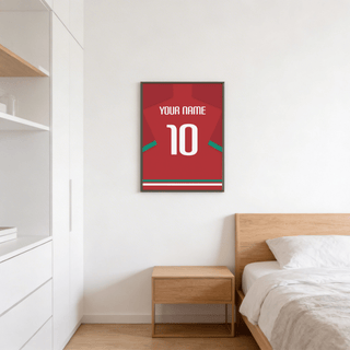 Minimal football shirt poster showing custom name text and bold number on jersey back