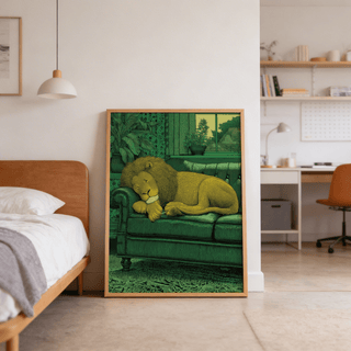 Tufted couch and sleeping lion poster with interior window scene and potted plant