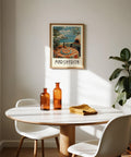 Scenic vintage Italian food prints showing pizza and Mediterranean seaside town.