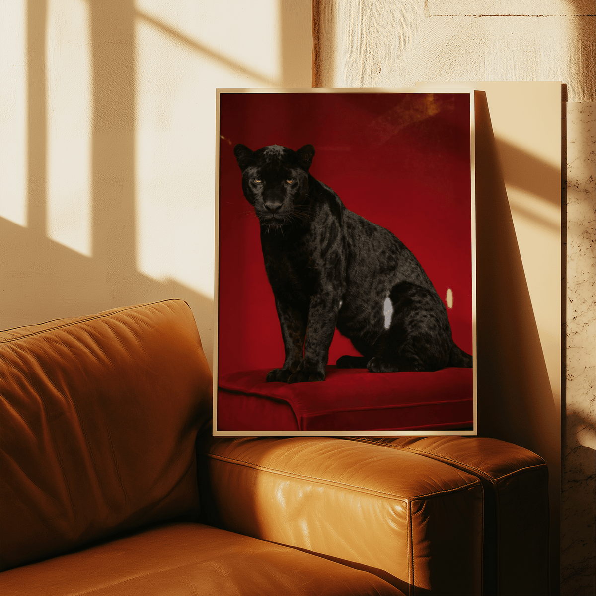 Black Panther Art Print with deep black panther and red background for study