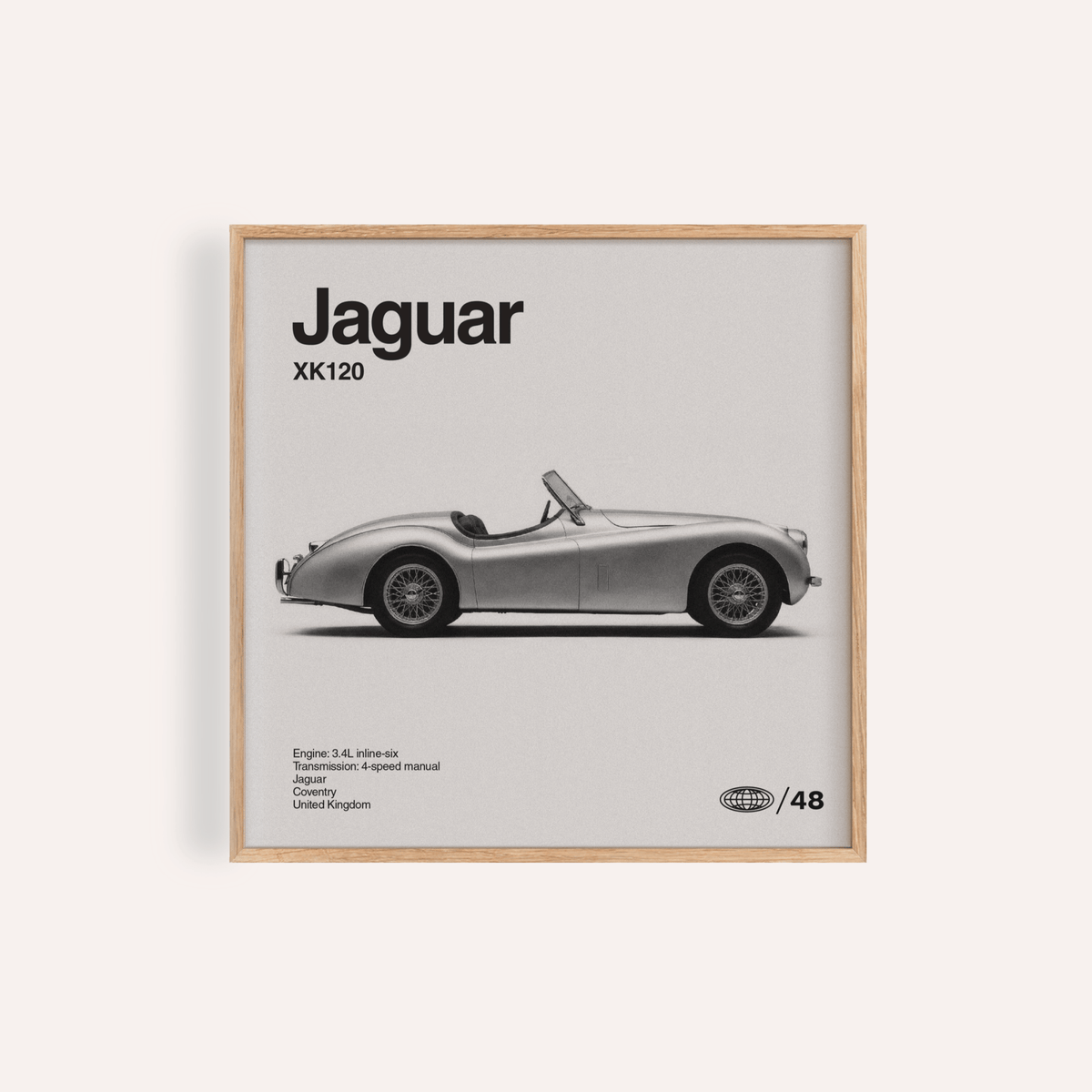 Jaguar XK120 Art Print for living room in Gray, White, Black as wall art