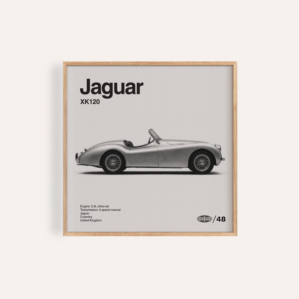 Jaguar XK120 Art Print for living room in Gray, White, Black as wall art