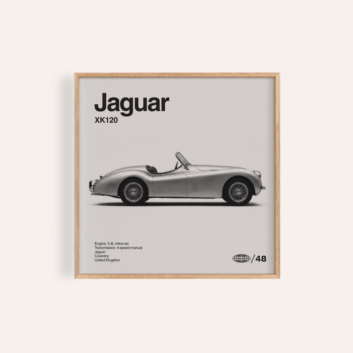 Jaguar XK120 Art Print for living room in Gray, White, Black as wall art