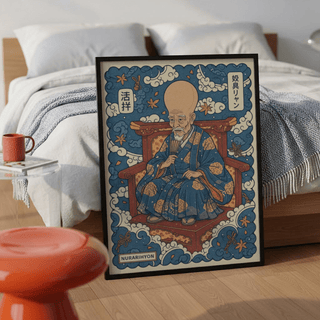 Folklore yokai print showing bald elder in patterned robe and cloud border