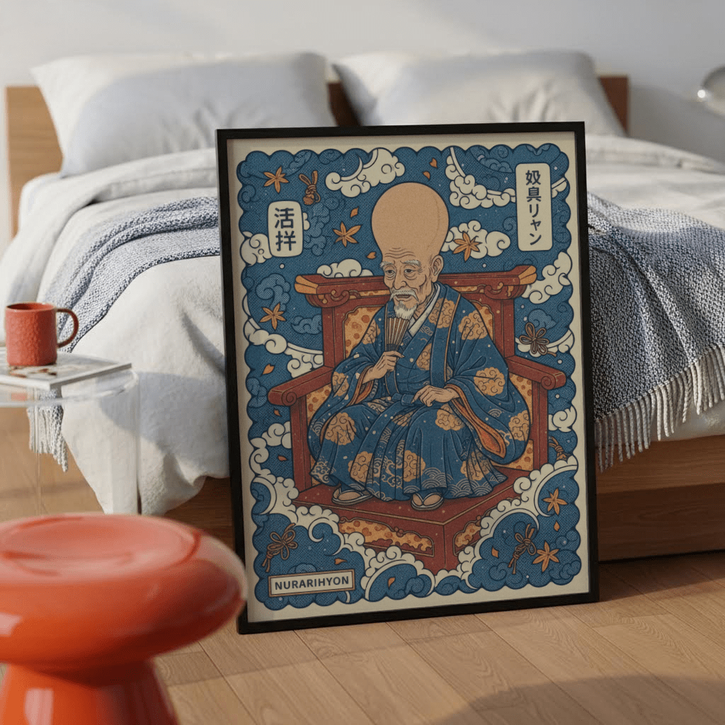 Folklore yokai print showing bald elder in patterned robe and cloud border