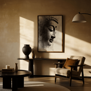 Minimalist Black and White Buddha Print, gray hues, yoga studio print