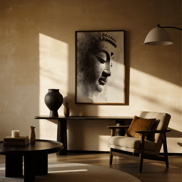 Minimalist Black and White Buddha Print, gray hues, yoga studio print