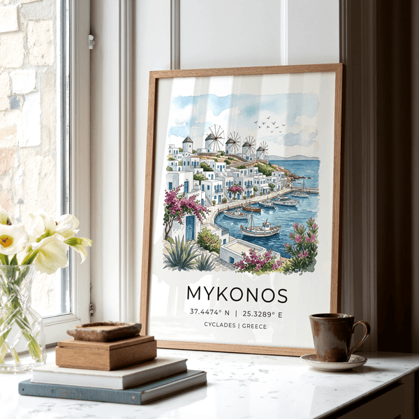 Coastal Mykonos Art Print wall art featuring windmills, waterfront, and boats