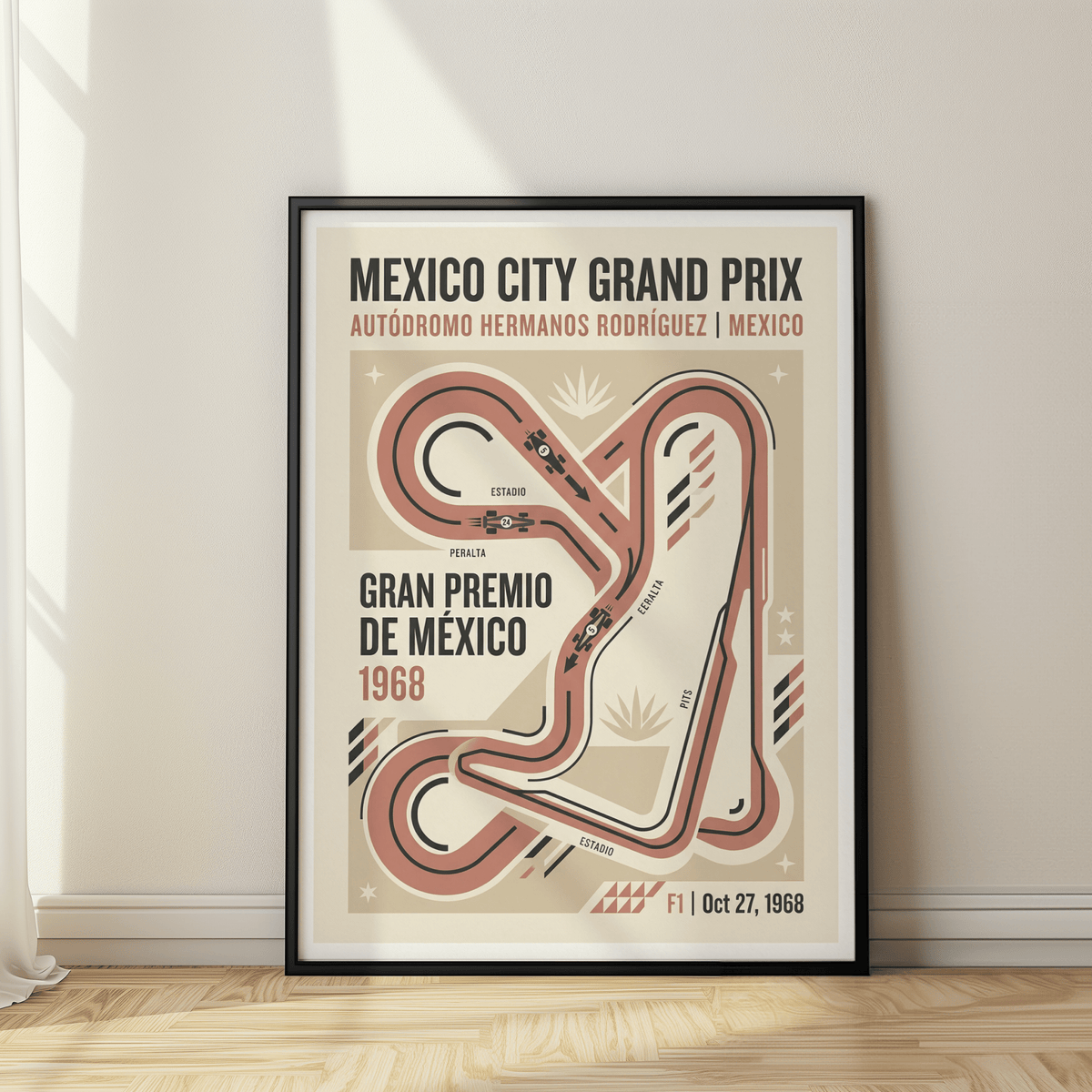 Featuring a racing track map poster reading Mexico City Grand Prix with Autódromo Hermanos Rodríguez text
