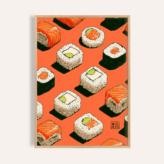 Framed Sushi Wall poster with orange background and illustrated sushi pieces
