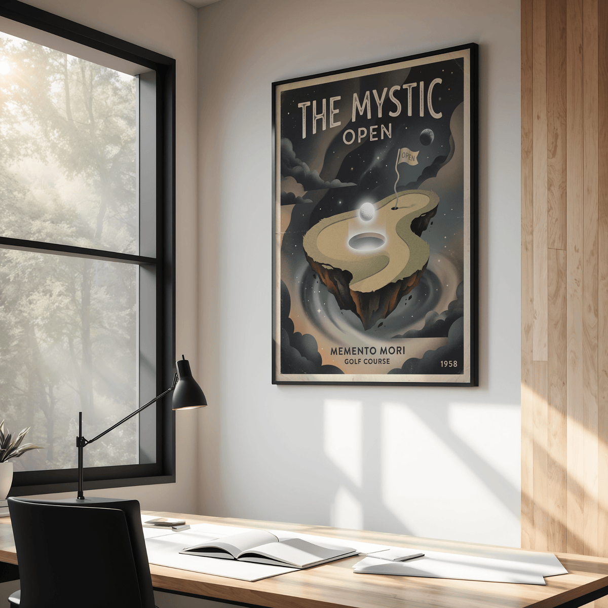 Detail of golf ball hovering above a large cup on a floating island green poster print