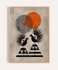 Modern Tribal Poster hanging on white wall showing two geometric birds