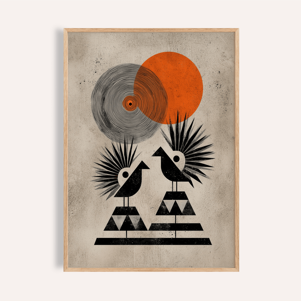 Modern Tribal Poster hanging on white wall showing two geometric birds
