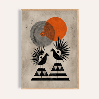 Framed modern tribal poster with geometric black birds and orange and grey circles on a beige background