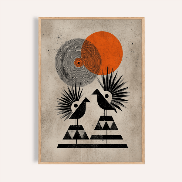 Modern Tribal Poster hanging on white wall showing two geometric birds