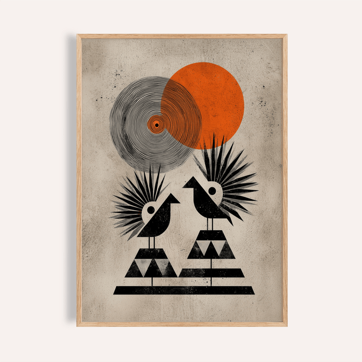 Modern Tribal Poster hanging on white wall showing two geometric birds