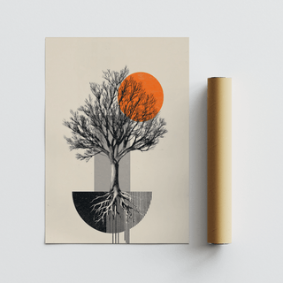 Abstract Tree Wall Art print featuring bare tree, orange disc, and striped graphic elements