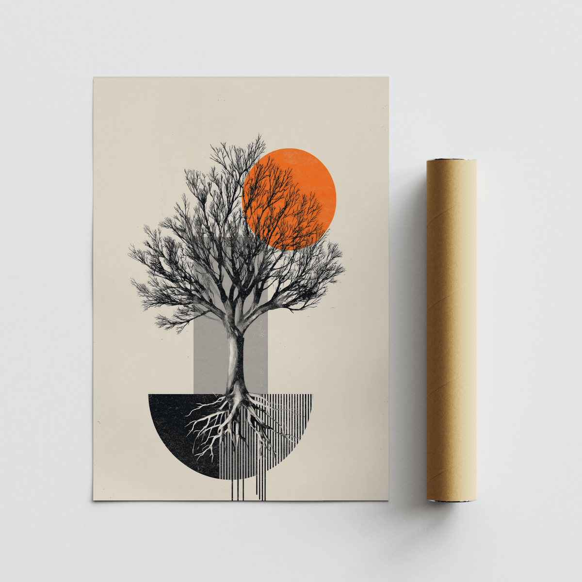 Abstract Tree Wall Art print featuring bare tree, orange disc, and striped graphic elements