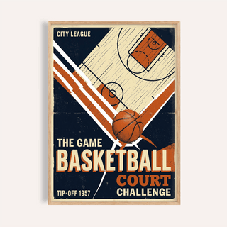 Angled basketball court diagram poster with bold typography wall art