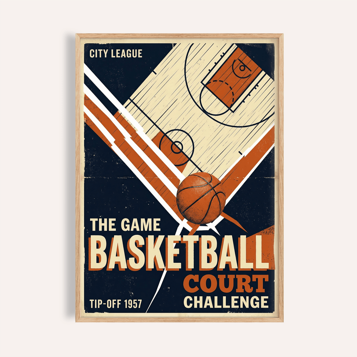 Angled basketball court diagram poster with bold typography wall art