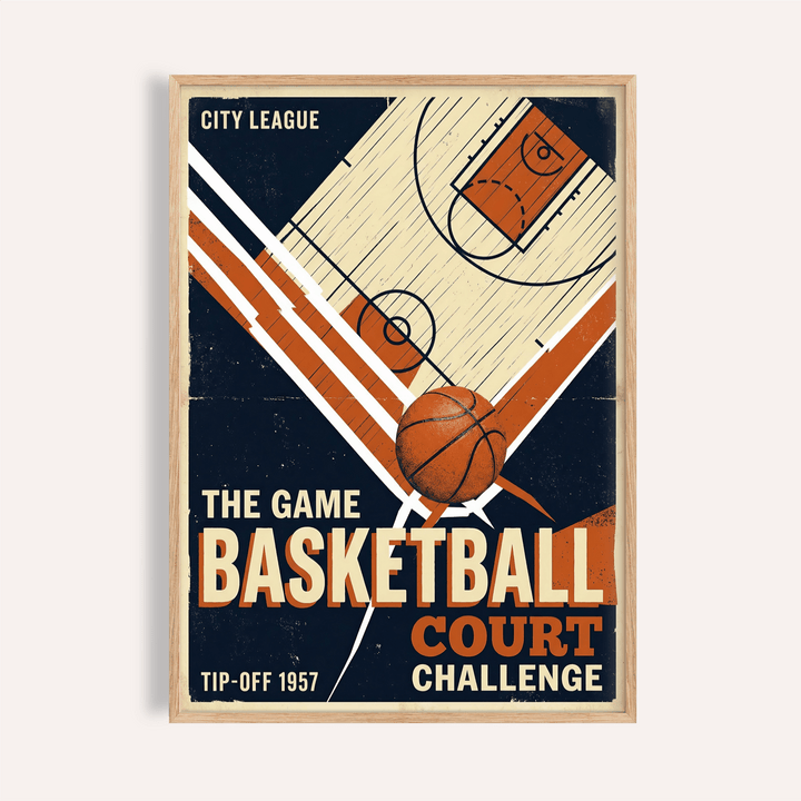 Angled basketball court diagram poster with bold typography wall art
