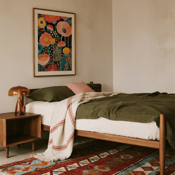 Tropical Floral Print featuring green and orange tones for office wall art